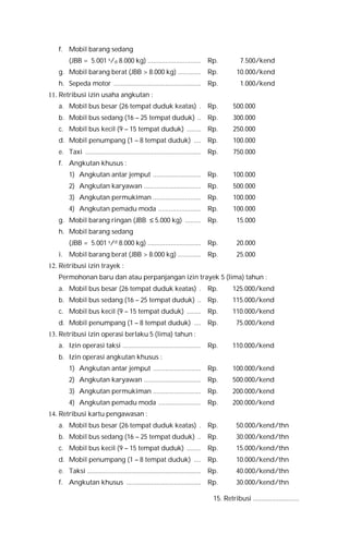 f. Mobil barang sedang
(JBB = 5.001 s/d 8.000 kg) .............................. Rp. 7.500/kend
g. Mobil barang berat (JBB > 8.000 kg) ............. Rp. 10.000/kend
h. Sepeda motor ................................................. Rp. 1.000/kend
11. Retribusi izin usaha angkutan :
a. Mobil bus besar (26 tempat duduk keatas) . Rp. 500.000
b. Mobil bus sedang (16 – 25 tempat duduk) .. Rp. 300.000
c. Mobil bus kecil (9 – 15 tempat duduk) ........ Rp. 250.000
d. Mobil penumpang (1 – 8 tempat duduk) .... Rp. 100.000
e. Taxi ................................................................. Rp. 750.000
f. Angkutan khusus :
1) Angkutan antar jemput ........................... Rp. 100.000
2) Angkutan karyawan ................................ Rp. 500.000
3) Angkutan permukiman ........................... Rp. 100.000
4) Angkutan pemadu moda ........................ Rp. 100.000
g. Mobil barang ringan (JBB ≤ 5.000 kg) ......... Rp. 15.000
h. Mobil barang sedang
(JBB = 5.001 s/d 8.000 kg) .............................. Rp. 20.000
i. Mobil barang berat (JBB > 8.000 kg) ............. Rp. 25.000
12. Retribusi izin trayek :
Permohonan baru dan atau perpanjangan izin trayek 5 (lima) tahun :
a. Mobil bus besar (26 tempat duduk keatas) . Rp. 125.000/kend
b. Mobil bus sedang (16 – 25 tempat duduk) .. Rp. 115.000/kend
c. Mobil bus kecil (9 – 15 tempat duduk) ........ Rp. 110.000/kend
d. Mobil penumpang (1 – 8 tempat duduk) .... Rp. 75.000/kend
13. Retribusi izin operasi berlaku 5 (lima) tahun :
a. Izin operasi taksi ............................................ Rp. 110.000/kend
b. Izin operasi angkutan khusus :
1) Angkutan antar jemput ........................... Rp. 100.000/kend
2) Angkutan karyawan ................................ Rp. 500.000/kend
3) Angkutan permukiman ........................... Rp. 200.000/kend
4) Angkutan pemadu moda ........................ Rp. 200.000/kend
14. Retribusi kartu pengawasan :
a. Mobil bus besar (26 tempat duduk keatas) . Rp. 50.000/kend/thn
b. Mobil bus sedang (16 – 25 tempat duduk) .. Rp. 30.000/kend/thn
c. Mobil bus kecil (9 – 15 tempat duduk) ........ Rp. 15.000/kend/thn
d. Mobil penumpang (1 – 8 tempat duduk) .... Rp. 10.000/kend/thn
e. Taksi ................................................................ Rp. 40.000/kend/thn
f. Angkutan khusus .......................................... Rp. 30.000/kend/thn
15. Retribusi ...........................
 