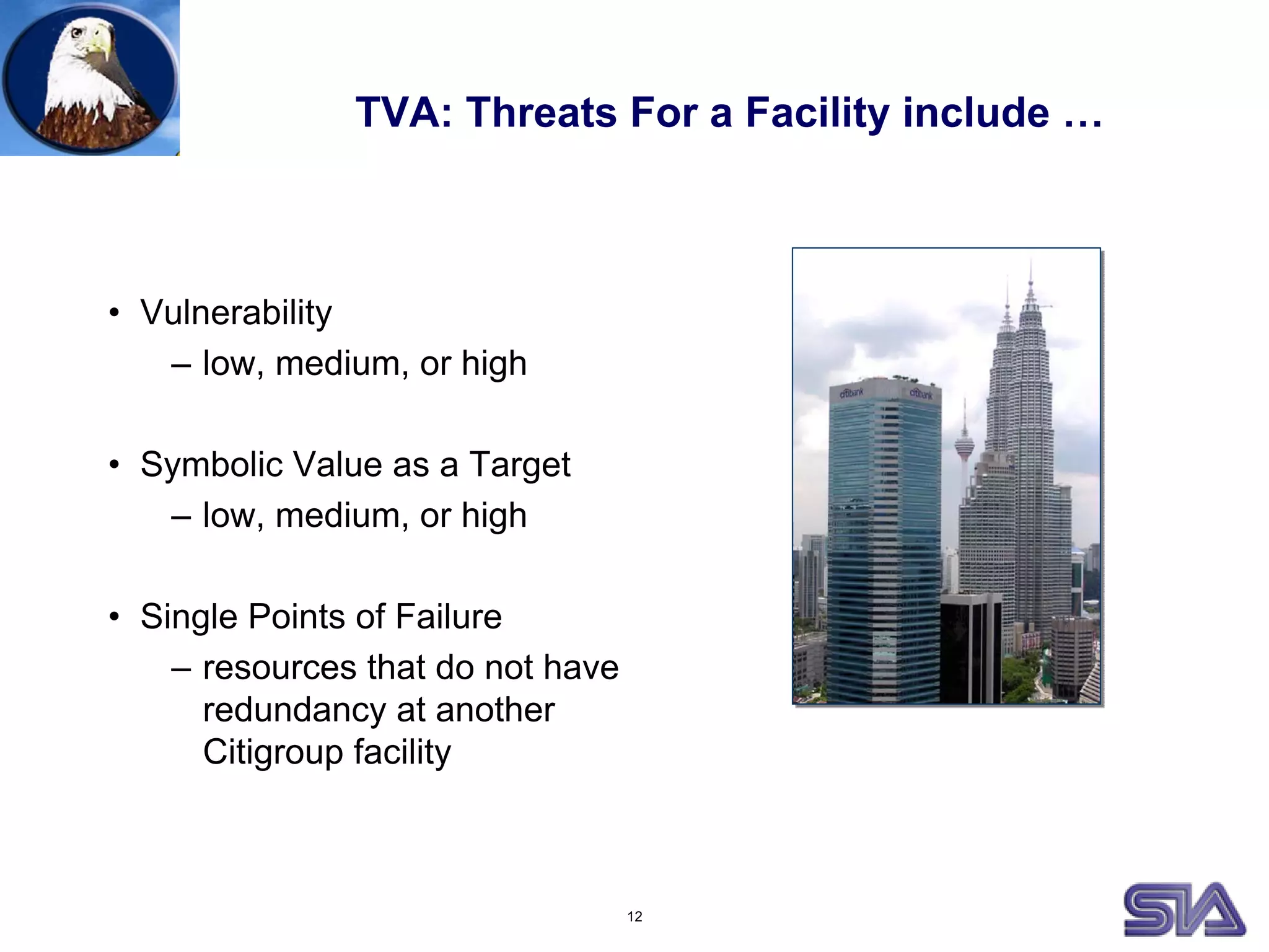 12
TVA: Threats For a Facility include …
• Vulnerability
– low, medium, or high
• Symbolic Value as a Target
– low, medium, or high
• Single Points of Failure
– resources that do not have
redundancy at another
Citigroup facility
 