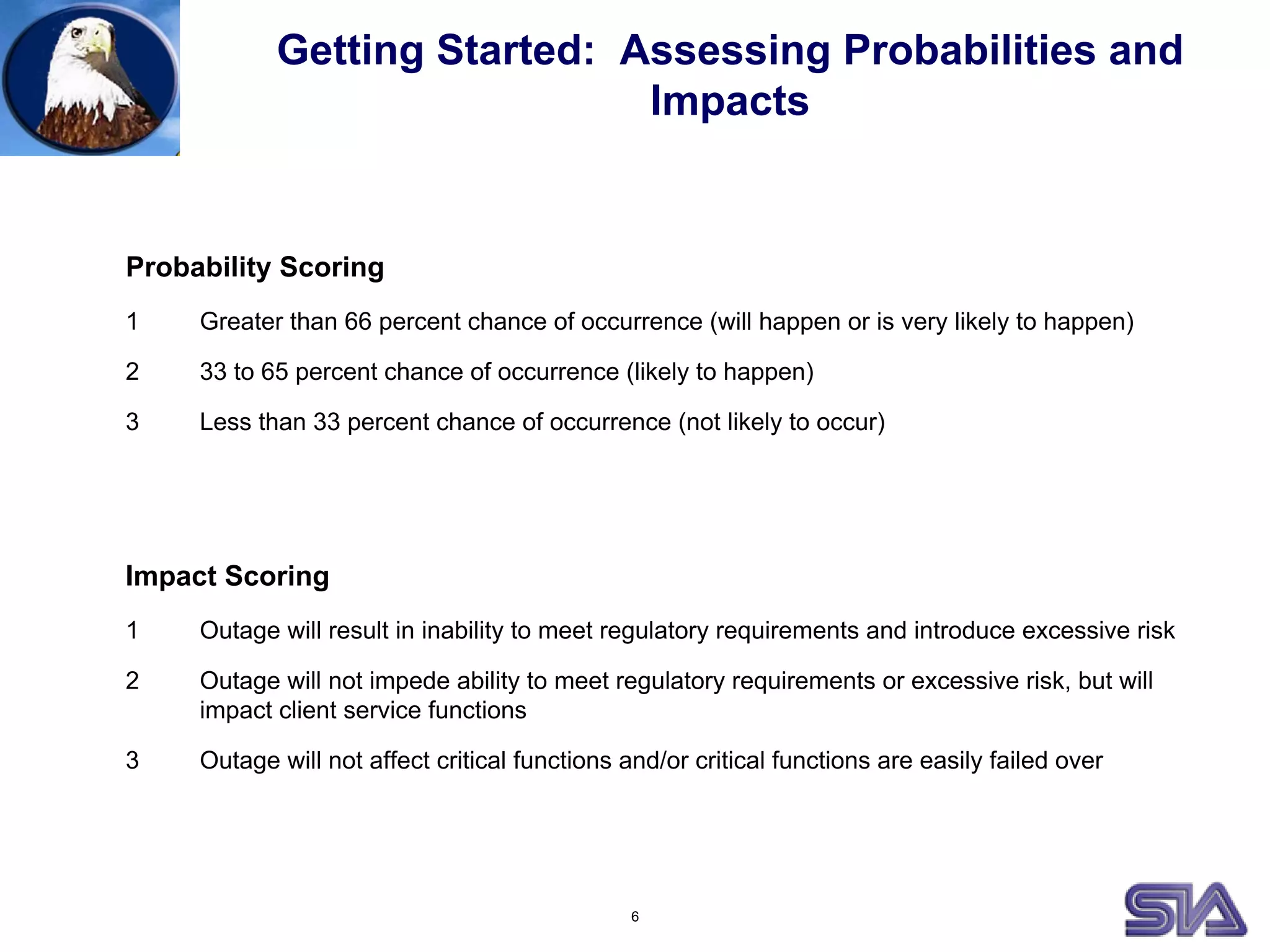6
Probability Scoring
1 Greater than 66 percent chance of occurrence (will happen or is very likely to happen)
2 33 to 65 percent chance of occurrence (likely to happen)
3 Less than 33 percent chance of occurrence (not likely to occur)
Impact Scoring
1 Outage will result in inability to meet regulatory requirements and introduce excessive risk
2 Outage will not impede ability to meet regulatory requirements or excessive risk, but will
impact client service functions
3 Outage will not affect critical functions and/or critical functions are easily failed over
Getting Started: Assessing Probabilities and
Impacts
 