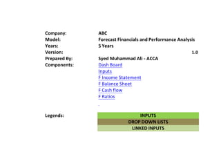 Company: ABC
Model: Forecast Financials and Performance Analysis
Years: 5 Years
Version: 1.0
Prepared By: Syed Muhammad Ali - ACCA
Components: Dash Board
Inputs
F Income Statement
F Balance Sheet
F Cash flow
F Ratios
Legends: INPUTS
DROP DOWN LISTS
LINKED INPUTS
 