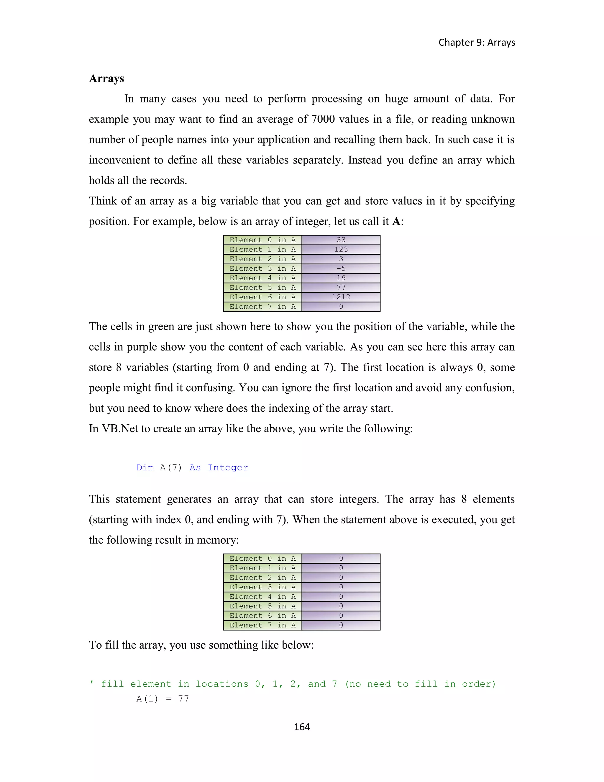 Chapter 9: Arrays 164 Arrays In many cases you need to perform processing on huge amount of data. For example you may want to find an average of 7000 values in a file, or reading unknown number of people names into your application and recalling them back. In such case it is inconvenient to define all these variables separately. Instead you define an array which holds all the records. Think of an array as a big variable that you can get and store values in it by specifying position. For example, below is an array of integer, let us call it A: The cells in green are just shown here to show you the position of the variable, while the cells in purple show you the content of each variable. As you can see here this array can store 8 variables (starting from 0 and ending at 7). The first location is always 0, some people might find it confusing. You can ignore the first location and avoid any confusion, but you need to know where does the indexing of the array start. In VB.Net to create an array like the above, you write the following: Dim A(7) As Integer This statement generates an array that can store integers. The array has 8 elements (starting with index 0, and ending with 7). When the statement above is executed, you get the following result in memory: To fill the array, you use something like below: ' fill element in locations 0, 1, 2, and 7 (no need to fill in order) A(1) = 77 Element 0 in A Element 1 in A Element 2 in A Element 3 in A Element 4 in A Element 5 in A Element 6 in A Element 7 in A 0 0 0 0 0 0 0 0 Element 0 in A Element 1 in A Element 2 in A Element 3 in A Element 4 in A Element 5 in A Element 6 in A Element 7 in A 33 123 3 -5 19 77 1212 0 