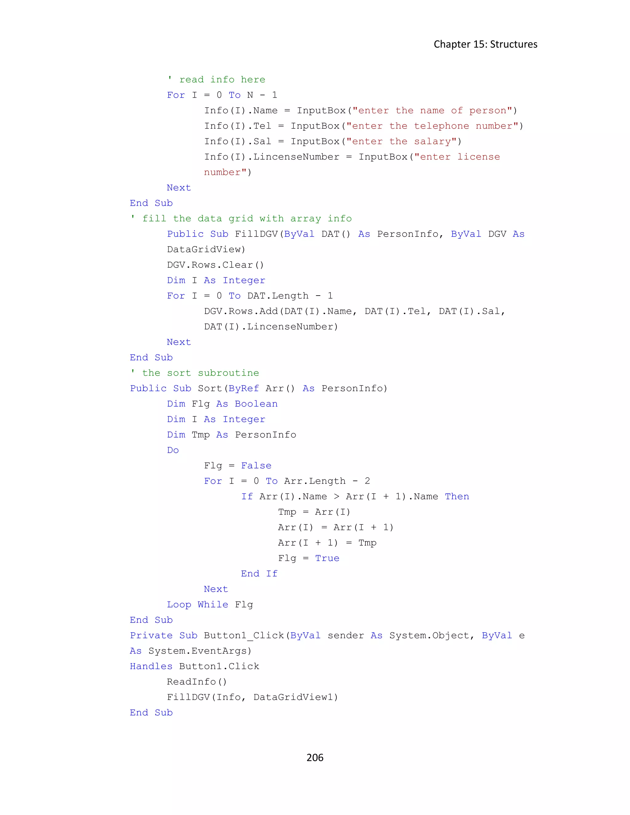 Chapter 15: Structures 206 ' read info here For I = 0 To N - 1 Info(I).Name = InputBox("enter the name of person") Info(I).Tel = InputBox("enter the telephone number") Info(I).Sal = InputBox("enter the salary") Info(I).LincenseNumber = InputBox("enter license number") Next End Sub ' fill the data grid with array info Public Sub FillDGV(ByVal DAT() As PersonInfo, ByVal DGV As DataGridView) DGV.Rows.Clear() Dim I As Integer For I = 0 To DAT.Length - 1 DGV.Rows.Add(DAT(I).Name, DAT(I).Tel, DAT(I).Sal, DAT(I).LincenseNumber) Next End Sub ' the sort subroutine Public Sub Sort(ByRef Arr() As PersonInfo) Dim Flg As Boolean Dim I As Integer Dim Tmp As PersonInfo Do Flg = False For I = 0 To Arr.Length - 2 If Arr(I).Name > Arr(I + 1).Name Then Tmp = Arr(I) Arr(I) = Arr(I + 1) Arr(I + 1) = Tmp Flg = True End If Next Loop While Flg End Sub Private Sub Button1_Click(ByVal sender As System.Object, ByVal e As System.EventArgs) Handles Button1.Click ReadInfo() FillDGV(Info, DataGridView1) End Sub 