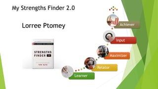 My Strengths Finder 2.0
Learner
Relator
Maximizer
Input
AchieverLorree Ptomey
 
