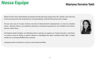 Mariana Ferreira Totti
Mariana Ferreira Totti é administradora de empresas formada pelo Insper (antigo Ibmec SP). Também cursou três anos
de Economia pelo Ibmec MG. Atualmente faz uma especialização na Escola Panamerica de Arte e Design.
Há nove anos atua em recursos humanos (nas área de Desenvolvimento Organizacional e na área de consultoria
interna – Business Partner), com experiência adquirida em empresas de grande porte, como Whirlpool Latin America,
Danone e Grupo Fleury.
Na Whirlpool também trabalhou com Marketing Online e participou do programa de Trainee Corporativo, onde liderou
um projeto na área de Vendas e Logística utilizando a metodologia Seis Sigma (certificada Green Belt). O projeto
resultou em um saving de R$ 880K para a empresa.
Atualmente presta consultoria em recursos humanos pela Greenfields.
18
Nossa Equipe
 