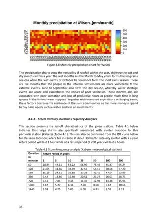 36
Figure 4.8 Monthly precipitation chart for Wilson
The precipitation charts show the variability of rainfall within the year, showing the wet and
dry months within a year. The wet months are the March to May which forms the long rains
seasons while the wet events of October to December form the short rains season. These
are the months that the people in the informal settlements are more vulnerable to the
extreme events. June to September also form the dry season, whereby water shortage
events are acute and exacerbates the impact of poor sanitation. These months also are
associated with poor sanitation and loss of productive hours as people much time in long
queues in the limited water supplies. Together with increased expenditure on buying water,
these factors decrease the resilience of the slum communities as the more money is spend
to buy basic needs such as water and less on investments.
4.1.3 Storm Intensity Duration Frequency Analyses
This section presents the runoff characteristics of the given stations. Table 4.1 below
indicates that large storms are specifically associated with shorter duration for this
particular station (Kabete) (Table 4.1). This can also be confirmed from the IDF curve below
for the same location; where for instance at about 30mm/hr. intensity rainfall with a 2-year
return period will last 1 hour while at a return period of 200 years will last 6 hours.
Table 4.1 Storm frequency analysis (Kabete meteorological station)
Duration
in
minutes
Return Period in years
2 5 10 25 50 100 200
60 28.84 44.11 54.22 66.99 76.46 85.87 95.24
120 21.05 31.66 38.69 47.56 54.15 60.68 67.20
180 16.19 24.61 30.18 37.23 42.45 47.64 52.80
360 9.42 13.86 16.80 20.51 23.27 26.01 28.73
720 5.41 7.84 9.44 11.47 12.98 14.48 15.96
1080 3.67 5.27 6.34 7.68 8.68 9.67 10.66
1440 3.03 4.25 5.05 6.08 6.83 7.58 8.33
 