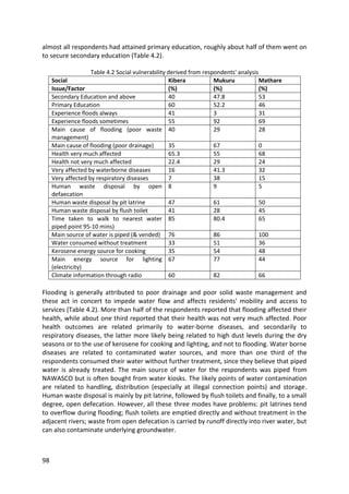 98
almost all respondents had attained primary education, roughly about half of them went on
to secure secondary education (Table 4.2).
Table 4.2 Social vulnerability derived from respondents' analysis
Social Kibera Mukuru Mathare
Issue/Factor (%) (%) (%)
Secondary Education and above 40 47.8 53
Primary Education 60 52.2 46
Experience floods always 41 3 31
Experience floods sometimes 55 92 69
Main cause of flooding (poor waste
management)
40 29 28
Main cause of flooding (poor drainage) 35 67 0
Health very much affected 65.3 55 68
Health not very much affected 22.4 29 24
Very affected by waterborne diseases 16 41.3 32
Very affected by respiratory diseases 7 38 15
Human waste disposal by open
defaecation
8 9 5
Human waste disposal by pit latrine 47 61 50
Human waste disposal by flush toilet 41 28 45
Time taken to walk to nearest water
piped point 95-10 mins)
85 80.4 65
Main source of water is piped (& vended) 76 86 100
Water consumed without treatment 33 51 36
Kerosene energy source for cooking 35 54 48
Main energy source for lighting
(electricity)
67 77 44
Climate information through radio 60 82 66
Flooding is generally attributed to poor drainage and poor solid waste management and
these act in concert to impede water flow and affects residents' mobility and access to
services (Table 4.2). More than half of the respondents reported that flooding affected their
health, while about one third reported that their health was not very much affected. Poor
health outcomes are related primarily to water-borne diseases, and secondarily to
respiratory diseases, the latter more likely being related to high dust levels during the dry
seasons or to the use of kerosene for cooking and lighting, and not to flooding. Water borne
diseases are related to contaminated water sources, and more than one third of the
respondents consumed their water without further treatment, since they believe that piped
water is already treated. The main source of water for the respondents was piped from
NAWASCO but is often bought from water kiosks. The likely points of water contamination
are related to handling, distribution (especially at illegal connection points) and storage.
Human waste disposal is mainly by pit latrine, followed by flush toilets and finally, to a small
degree, open defecation. However, all these three modes have problems: pit latrines tend
to overflow during flooding; flush toilets are emptied directly and without treatment in the
adjacent rivers; waste from open defecation is carried by runoff directly into river water, but
can also contaminate underlying groundwater.
 