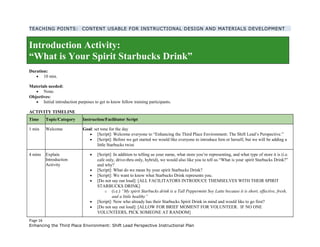 TEACHING POINTS: CONTENT USABLE FOR INSTRUCTIONAL DESIGN AND MATERIALS DEVELOPMENT
Introduction Activity:
“What is Your Spirit Starbucks Drink”
Duration:
• 10 min.
Materials needed:
• None.
Objectives:
• Initial introduction purposes to get to know fellow training participants.
ACTIVITY TIMELINE
Time Topic/Category Instruction/Facilitator Script
1 min Welcome Goal: set tone for the day
• [Script]: Welcome everyone to “Enhancing the Third Place Environment: The Shift Lead’s Perspective.”
• [Script]: Before we get started we would like everyone to introduce him or herself, but we will be adding a
little Starbucks twist.
4 mins Explain
Introduction
Activity
• [Script]: In addition to telling us your name, what store you’re representing, and what type of store it is (i.e.
cafe only, drive-thru only, hybrid), we would also like you to tell us “What is your spirit Starbucks Drink?”
and why?
• [Script]: What do we mean by your spirit Starbucks Drink?
• [Script]: We want to know what Starbucks Drink represents you.
• [Do not say out loud]: [ALL FACILITATORS INTRODUCE THEMSELVES WITH THEIR SPIRIT
STARBUCKS DRINK]
o (i.e.) “My spirit Starbucks drink is a Tall Peppermint Soy Latte because it is short, effective, fresh,
and a little healthy”
• [Script]: Now who already has their Starbucks Spirit Drink in mind and would like to go first?
• [Do not say out loud]: [ALLOW FOR BRIEF MOMENT FOR VOLUNTEER. IF NO ONE
VOLUNTEERS, PICK SOMEONE AT RANDOM]
Page 16
Enhancing the Third Place Environment: Shift Lead Perspective Instructional Plan
 