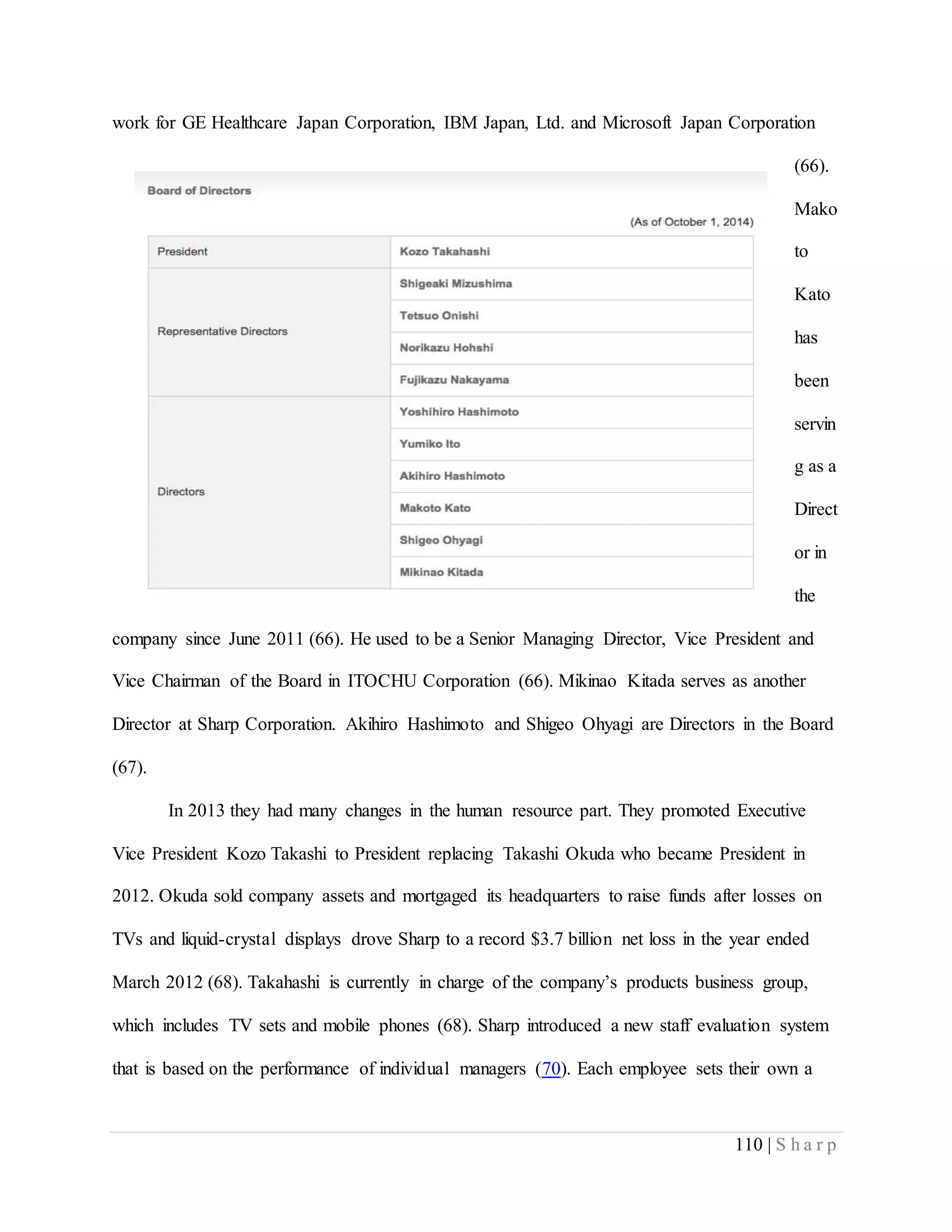 110 | S h a r p
work for GE Healthcare Japan Corporation, IBM Japan, Ltd. and Microsoft Japan Corporation
(66).
Mako
to
Kato
has
been
servin
g as a
Direct
or in
the
company since June 2011 (66). He used to be a Senior Managing Director, Vice President and
Vice Chairman of the Board in ITOCHU Corporation (66). Mikinao Kitada serves as another
Director at Sharp Corporation. Akihiro Hashimoto and Shigeo Ohyagi are Directors in the Board
(67).
In 2013 they had many changes in the human resource part. They promoted Executive
Vice President Kozo Takashi to President replacing Takashi Okuda who became President in
2012. Okuda sold company assets and mortgaged its headquarters to raise funds after losses on
TVs and liquid-crystal displays drove Sharp to a record $3.7 billion net loss in the year ended
March 2012 (68). Takahashi is currently in charge of the company’s products business group,
which includes TV sets and mobile phones (68). Sharp introduced a new staff evaluation system
that is based on the performance of individual managers (70). Each employee sets their own a
 