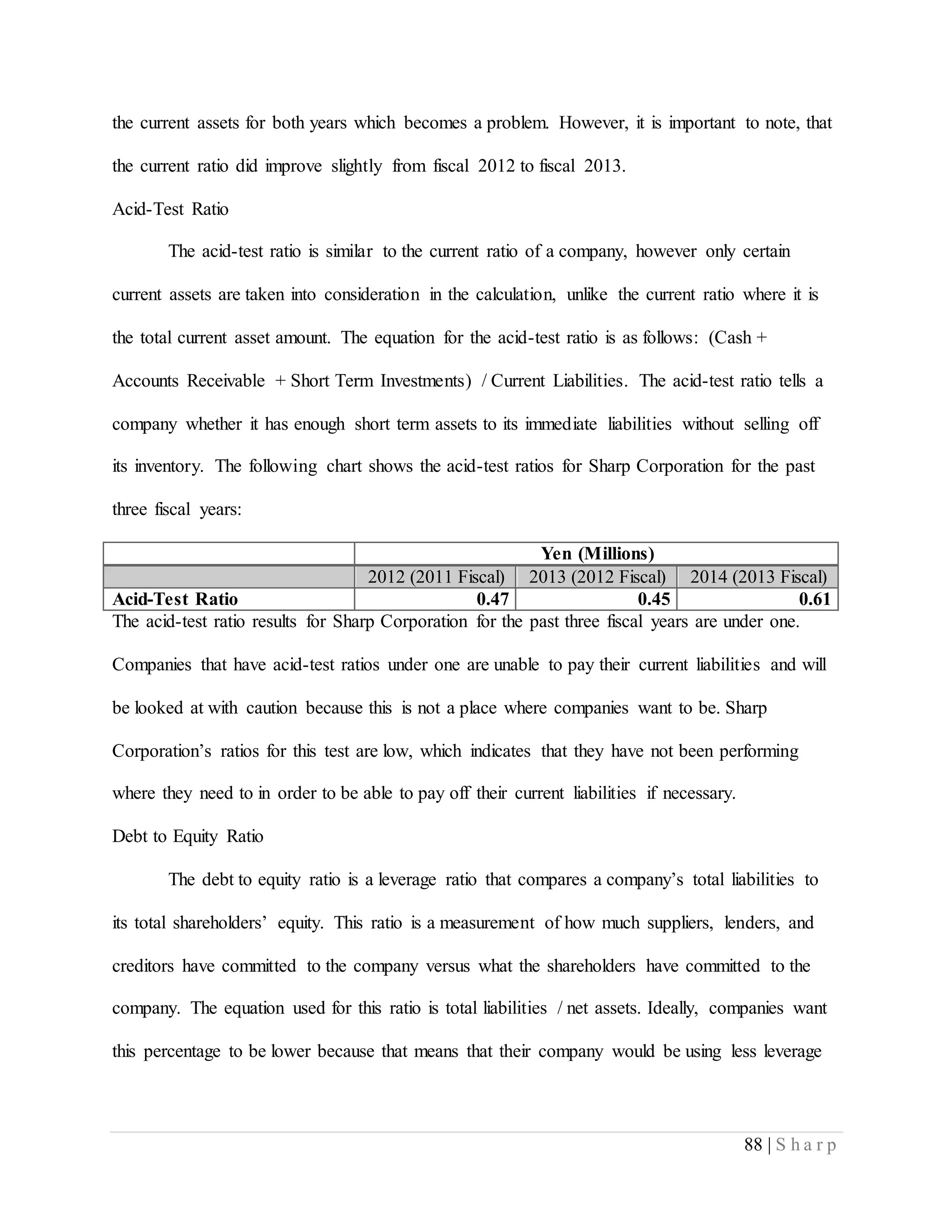 88 | S h a r p
the current assets for both years which becomes a problem. However, it is important to note, that
the current ratio did improve slightly from fiscal 2012 to fiscal 2013.
Acid-Test Ratio
The acid-test ratio is similar to the current ratio of a company, however only certain
current assets are taken into consideration in the calculation, unlike the current ratio where it is
the total current asset amount. The equation for the acid-test ratio is as follows: (Cash +
Accounts Receivable + Short Term Investments) / Current Liabilities. The acid-test ratio tells a
company whether it has enough short term assets to its immediate liabilities without selling off
its inventory. The following chart shows the acid-test ratios for Sharp Corporation for the past
three fiscal years:
Yen (Millions)
2012 (2011 Fiscal) 2013 (2012 Fiscal) 2014 (2013 Fiscal)
Acid-Test Ratio 0.47 0.45 0.61
The acid-test ratio results for Sharp Corporation for the past three fiscal years are under one.
Companies that have acid-test ratios under one are unable to pay their current liabilities and will
be looked at with caution because this is not a place where companies want to be. Sharp
Corporation’s ratios for this test are low, which indicates that they have not been performing
where they need to in order to be able to pay off their current liabilities if necessary.
Debt to Equity Ratio
The debt to equity ratio is a leverage ratio that compares a company’s total liabilities to
its total shareholders’ equity. This ratio is a measurement of how much suppliers, lenders, and
creditors have committed to the company versus what the shareholders have committed to the
company. The equation used for this ratio is total liabilities / net assets. Ideally, companies want
this percentage to be lower because that means that their company would be using less leverage
 