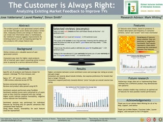 Features
22 features were chosen, based on presence in
product description and frequency in consumer
reviews; ‘price’ and ‘screen’ were most mentioned
The Customer is Always Right:
Analyzing Existing Market Feedback to Improve TVs
¹Jose Valderrama, University of Central Florida
josevalderrama@knights.ucf.edu
Jose Valderrama¹, Laurel Rawley², Simon Smith³ Research Advisor: Mark Whiting⁴
Abstract
The evident growth in user generated content online
can be seen through social media and product review
sites. Analyzing reviews and ratings on these sites
can reveal new information about a marketplace.
Our method of analysis suggests improvements for
existing products as well as exposing openings for
new products with unique feature sets
Selected reviews (excerpts):
“coby is a really awful brand and their stuff breaks literally all the time” - 0.0
sentiment score
“The audio isn't bad it just isn't amazing” - 2.375 sentiment score
“The quality of the screen is very crisp and clear; tinkering with the settings will
make the picture as clear as you want it...good blacks and crisp whites.” - 2.984
sentiment score
“I have to say the picture quality is definetly [sic] good for the price paid.” - 4.25
sentiment score
“Added to the manufacturer's 2-year warranty that gives you a 3-year warranty on
your TV (a great peace of mind).” - 4.5 sentiment score
Background
Online reviews are a valuable source of user-
generated content
Consumers pay more for higher-rated products
24% of Internet users report consulting online reviews
prior to paying for a service delivered offline
Results
Higher correlation between screen sentiment score and average star rating as screen
size gets larger
Consumers are neutral about brands initially, but express preference for brands that
have a longer lifecycle
Consumers respond positively towards distinct ‘price’ but give an overall neutral star
rating
Methods
Specific set of products and features chosen for
analysis: midrange TVs from Amazon.com
Specs: 33” - 43” screen, price < $500
1,000 reviews collected across 25 TVs
Reviews extracted using import.io
Reviews and product data parsed using NLTK
Sentiment analysis performed using TextBlob
Sentiment analysis scores were converted to a 5-point
scale so they could be compared with star ratings
Higher scores indicate positive favorability, negative
scores indicate low favorability
Sentiment analysis was performed for individual
features by focusing only on specific sentences that
contained those features
Using these results, favorability for each feature
could be represented
Acknowledgements
Thank you to our advisor Mark Whiting for all of his
help, support, and advice
Thank you to Mike Depew, Courtney Loder, Lauren
Kilgour, and everyone at the i3 Program
²Laurel Rawley, University of Houston
llrawley@uh.edu
³Simon Smith, University of Wisconsin-Madison
spsmith5@wisc.edu
⁴Mark Whiting, Carnegie Mellon University
mwhiting@andrew.cmu.edu
Future research
Gathering a larger data set or implementing these
methods into a different product may demonstrate
new patterns
More complex models may construct an optimal set
of features for best possible market performance
Covariance of features
shows whether they are
positively or negatively
correlated. Each square
represents a data point
containing the covariance
between two features
-1.0 1.0
 