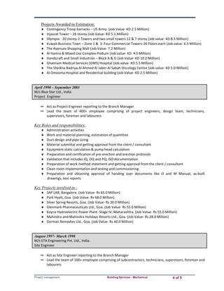 Projects Awarded in Estimation: 
 Contingency Troop barracks – US Army. (Job Value‐ KD 2.5 Million) 
 Injazzat Tower – 26 storey (Job Value‐ KD 5.1 Million) 
 Olympia ‐ 20 storey‐2 Towers and two small towers 12 & 7 storey (Job value‐ KD 8.5 Million) 
 Kuwait Business Town – Zone 1 & 3: Four Commercial Towers‐26 Floors each (Job value: 6.5 Million) 
 The Avenues Shopping Mall (Job Value‐ 7.2 Million) 
 Al Hamra & Mixed Use Complex‐Podium (Job value‐ KD 4.5 Million) 
 Handicraft and Small Industries – Block A & G (Job Value‐ KD 10.2 Million) 
 Ghannam Medical Services (GMS) Hospital (Job value‐ KD 5.5 Million) 
 The Sheikha Badriya Al Ahmed Al Jaber Al Sabah Oncology Centre (Job value‐ KD 5.0 Million) 
 Al Omooma Hospital and Residential building (Job Value‐ KD 2.5 Million) 
April 1998 – September 2003 
M/s Blue Star Ltd., India. 
Project Engineer 
∞ Act as Project Engineer reporting to the Branch Manager 
∞ Lead the team of 400+ employee comprising of project engineers, design team, technicians, 
supervisors, foreman and labourers 
Key Roles and responsibilities: 
 Administration activities 
 Work and material planning, estimation of quantities 
 Duct design and pipe sizing 
 Material submittal and getting approval from the client / consultant 
 Equipment static calculation & pump head calculation 
 Preparation and certification of pre‐erection and erection protocols 
 Validation that includes IQ, OQ and PQ, ISO documentation 
 Preparation of work method statement and getting approval from the client / consultant 
 Clean room implementation and testing and commissioning. 
 Preparation and obtaining approval of handing over documents like O and M Manual, as‐built 
drawings, test reports 
Key Projects involved in : 
 SAP LAB, Bangalore. (Job Value‐ Rs 65.0 Million) 
 Park Hyatt, Goa. (Job Value‐ Rs 68.0 Million) 
 Silver Spring Resorts, Goa. (Job Value‐ Rs 30.0 Million) 
 Glenmark Pharmaceuticals Ltd., Goa. (Job Value‐ Rs 55.0 Million) 
 Koyna Hydroelectric Power Plant‐ Stage IV, Maharashtra. (Job Value‐ Rs 55.0 Million) 
 Mahindra and Mahindra Holidays Resorts Ltd., Goa. (Job Value‐ Rs 28.0 Million) 
 German Remedies Ltd., Goa. (Job Value‐ Rs 40.0 Million) 
August 1997- March 1998 
M/s ETA Engineering Pvt. Ltd., India. 
Site Engineer 
∞ Act as Site Engineer reporting to the Branch Manager 
∞ Lead the team of 100+ employee comprising of subcontractors, technicians, supervisors, foreman and 
labourers 
Project management Building Services - Mechanical 4 of 5 
 