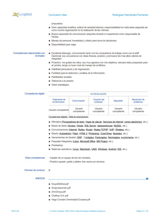 Currículum vítae Rodríguez Hernández Fernando
propuestos.
▪ Gran capacidad analítica, actitud de seriedad laboral y responsabilidad en cada tarea asignada así
como mucha organización en la realización de las mismas.
▪ Buena capacidad de comunicación adquirida durante mi experiencia como responsable de
Ventas.
▪ Manejo de personal, honestidad y criterio para toma de decisiones.
▪ Disponibilidad para viajar.
Competencias relacionadas con
el empleo
▪ Excelente liderazgo, comunicación tanto con los compañeros de trabajo como con el staff
Gerencial, soy una persona con ideas frescas, practico y promuevo los mas altos valores de
integridad.
▪ Proactivo, me gustan los retos, soy muy agresivo con mis objetivos, siempre estoy preparado para
el cambio, tengo un buen nivel de manejo de conflictos.
▪ Habilidad persuasora y de negociación.
▪ Facilidad para la obtención y análisis de la información.
▪ Habilidades sociales.
▪ Tolerancia a la presión.
▪ Visión estratégica.
Competencia digital AUTOEVALUACIÓN
Tratamiento de
la información
Comunicación
Creación del
contenido
Seguridad
Resolución de
problemas
Usuario competente
Usuario
competente
Usuario
competente
Usuario
competente
Usuario
competente
Competencias digitales - Tabla de autoevaluación
▪ Ofimática (Procesadores de texto, Hojas de cálculo, Servicios de Internet, correo electrónico, etc.).
▪ Bases de datos (Access, Oracle, SQL Server, datawarehouse, MySQL, etc.).
▪ Comunicaciones (Internet, Redes, Router, Redes TCP/IP, VoIP, Wireless, etc.).
▪ Diseño (Autoedición, Flash, HTML 5, Photoshop, Corel Draw, Illustrator, etc.).
▪ Herramientas de Gestión (SAP , Contaplus, Facturaplus, Nominaplus, e-commerce, etc.).
▪ Paquetes Integrados (Lotus, Microsoft Office, MS Project, etc.).
▪ Prestashop
▪ Sistemas operativos: (Linux, Macintosh, UNIX, Windows, Android, IOS, etc.).
Otras competencias - Capitán de un equipo de bici de montaña.
- Practico squash, padel y pilates; tres veces por semana.
Permiso de conducir B
ANEXOS
▪ GrupoElArbol.pdf
▪ GrupoJesuman.pdf
▪ 2mcGroup.pdf
▪ Chafiras S.A..pdf
▪ Hago Constar Universidad Europea.pdf
29/11/16 © Unión Europea, 2002-2016 | http://europass.cedefop.europa.eu Página 5 / 10
 
