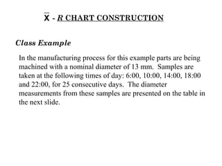 - R CHART CONSTRUCTIONX
In the manufacturing process for this example parts are being
machined with a nominal diameter of 13 mm. Samples are
taken at the following times of day: 6:00, 10:00, 14:00, 18:00
and 22:00, for 25 consecutive days. The diameter
measurements from these samples are presented on the table in
the next slide.
Class Example
 