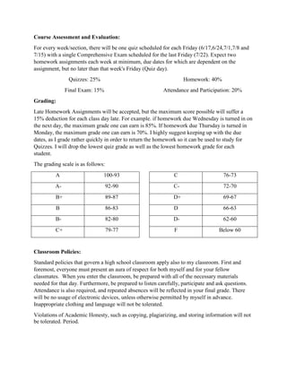 Course Assessment and Evaluation:
For every week/section, there will be one quiz scheduled for each Friday (6/17,6/24,7/1,7/8 and
7/15) with a single Comprehensive Exam scheduled for the last Friday (7/22). Expect two
homework assignments each week at minimum, due dates for which are dependent on the
assignment, but no later than that week's Friday (Quiz day).
Quizzes: 25%
Final Exam: 15%
Homework: 40%
Attendance and Participation: 20%
Grading:
Late Homework Assignments will be accepted, but the maximum score possible will suffer a
15% deduction for each class day late. For example. if homework due Wednesday is turned in on
the next day, the maximum grade one can earn is 85%. If homework due Thursday is turned in
Monday, the maximum grade one can earn is 70%. I highly suggest keeping up with the due
dates, as I grade rather quickly in order to return the homework so it can be used to study for
Quizzes. I will drop the lowest quiz grade as well as the lowest homework grade for each
student.
The grading scale is as follows:
A 100-93
A- 92-90
B+ 89-87
B 86-83
B- 82-80
C+ 79-77
C 76-73
C- 72-70
D+ 69-67
D 66-63
D- 62-60
F Below 60
Classroom Policies:
Standard policies that govern a high school classroom apply also to my classroom. First and
foremost, everyone must present an aura of respect for both myself and for your fellow
classmates. When you enter the classroom, be prepared with all of the necessary materials
needed for that day. Furthermore, be prepared to listen carefully, participate and ask questions.
Attendance is also required, and repeated absences will be reflected in your final grade. There
will be no usage of electronic devices, unless otherwise permitted by myself in advance.
Inappropriate clothing and language will not be tolerated.
Violations of Academic Honesty, such as copying, plagiarizing, and storing information will not
be tolerated. Period.
 
