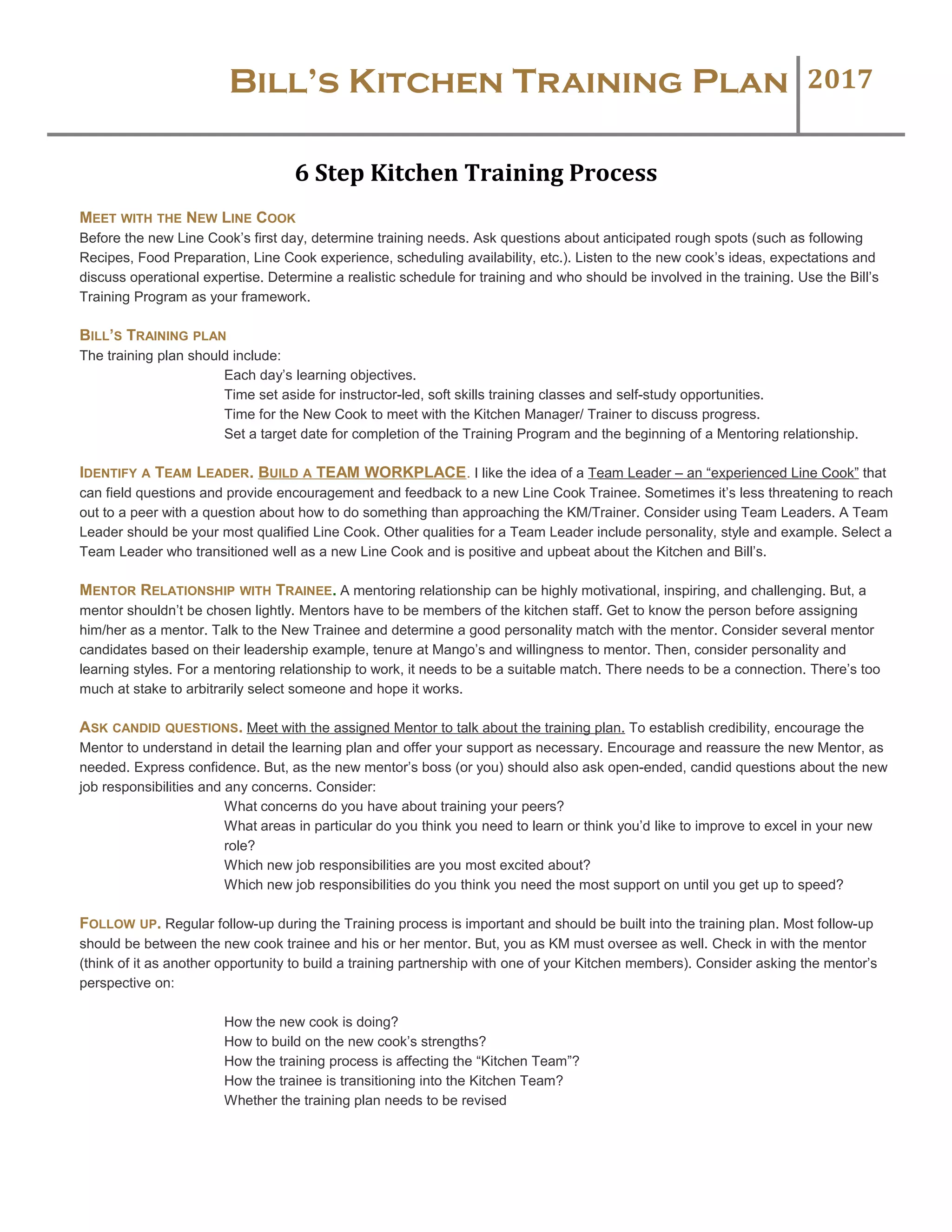 Bill's Kitchen Training Process | DOC