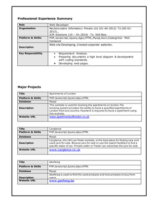 Professional Experience Summary
Role Web Developer
Organization Reckoncoders Informatics Private Ltd (01-04-2012) To (05-01-
2013).,
ICM Solutions (10 – 01-2014) To Still Now.
Platform & Skills: PHP,Javascript,Jquery,Ajax,HTML,Mysql,Json,Codeigniter MVC
framwork
Description
Web site Developing, Created corporate websites.
Key Responsibility  Requirement Analysis.
 Preparing documents a high level diagram & development
with coding standards.
 Developing web pages.
Major Projects
Title Apartments of London
Platform & Skills PHP,Javascript,Jquery,Ajax,HTML
Database Mysql
Description
This website is used for booking the apartments on london.The
booking system provides the ability to book a specified apartments of
London from any country. Payment is required to book a apartment using
this website.
Website URL www.apartmentsoflondon.co.uk
Title Carglance
Platform & Skills PHP,Javascript,Jquery,Ajax,HTML
Database Mysql
Description
Carglance, the UK’s car finder website, is the best place for finding new and
used cars for sale. Browse cars for sale or use the search facilities to find a
specific make of car. Private seller or Trader can advertise the cars for sale
Website URL www.carglance.co.uk
Title Geefweg
Platform & Skills PHP,Javascript,Jquery,Ajax,HTML
Database Mysql
Description
Geefweg is used to find the used products and new products to buy from
users.
Website URL www.geefweg.be
 