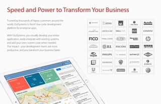 Speed and Power to Transform Your Business
Trusted by thousands of happy customers around the
world, OutSystems is the #1 low-code development
platform for enterprise apps.
With OutSystems, you visually develop your entire
application, easily integrate with existing systems,
and add your own custom code when needed.
The impact - your development teams are more
productive, and you transform your business faster.
 