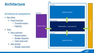 Architecture
11
Architectural components
 Non-Slice
 Fixed function
– Transformation
– Clipping
 Slice
 Slice common
– Rasterization
– Shader dispatch
– Color back-end
 Sub-slice(s)
– Shader execution
Fixed Function
Slice
Shader Execution
Non-Slice
Sub-Slice
Shader Execution
Sub-Slice
Rasterization … Color back-end
Slice Common
MemoryInterface
 