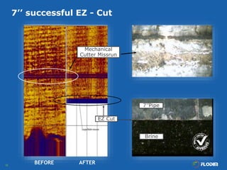 18
7’’ successful EZ - Cut
AFTERBEFORE
Mechanical
Cutter Missrun
EZ Cut
7’’Pipe
Brine
 
