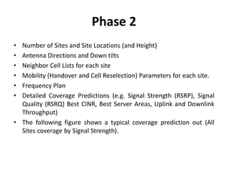 Phase 2
• Number of Sites and Site Locations (and Height)
• Antenna Directions and Down tilts
• Neighbor Cell Lists for each site
• Mobility (Handover and Cell Reselection) Parameters for each site.
• Frequency Plan
• Detailed Coverage Predictions (e.g. Signal Strength (RSRP), Signal
Quality (RSRQ) Best CINR, Best Server Areas, Uplink and Downlink
Throughput)
• The following figure shows a typical coverage prediction out (All
Sites coverage by Signal Strength).
 