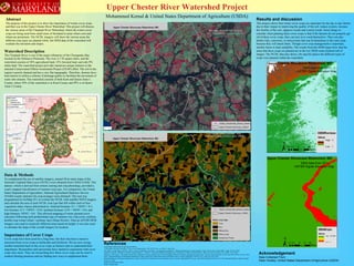 Upper Chester River Watershed Project
Mohammed Kemal & United States Department of Agriculture (USDA)
Watershed Description
The Choptank River is one of the major tributaries of the Chesapeake Bay
located on the Delmarva Peninsula. The river is 178 square miles, and the
watershed consists of 58% agricultural land, 33% forested land, and only 9%
urban land. The watershed project provides numerous unique features to the
national Conservation Effects Assessment Project (CEAP) effort. The soil in the
region is poorly drained and has a very flat topography. Therefore, farmers have
been known to utilize a scheme of drainage gullies to facilitate the movement of
water into streams. The watershed consists of both Kent and Queen Anne’s
County, where 50% of the watershed is in Kent County and 49% is in Queen
Anne’s County.
Results and discussion
This project shows that winter cover crops are important for the day to day farmer
due to their impact in improving the quality of the soil, reduce erosion, increase
the fertility of the soil, suppress weeds and control weeds. Some things to
consider when planting these cover crops is that if the farmers do not properly get
rid of these cover crops, they can turn in to weed themselves. They can also
harbor rubs, cutworms, or armyworms that can be hazardous to the cash crops
because they will attack them. Though cover crop management is important,
another factor is land suitability. The results from the DEM maps show that the
areas that these crops are planted are in the low DEM zones (bottom left of
image). The NCDL data also shows, the specific places the different types of
crops were planted within the watershed.
References
United States Department of Agriculture (USDA)
"Ohio State University Fact Sheet." Cover Crop Fundamentals, AGF-142-99. N.p., n.d. Web. 11 Aug. 2014.
Use, Table 1: Land, Map: Land Use, Table 2: Land Use Indicators, and Table 3: Living Resource Indicators. "Watershed Restoration Action Strategy."Upper Chester River (June 2006): n. pag. CB Trust. Web.
Ruckman, Mark W. "Methods of Surface Characterization — Volume 4: Specimen Handling, Preparation and Treatments in Surface Characterization." Materials Characterization 46.1 (2001): 81-82. Web.
Nelson, J., and P. Spies. "The Upper Chester River Watershed: Lessons Learned from a Focused, Highly Partnered, Voluntary Approach to Conservation."Journal of Soil and Water Conservation 68.2 (2013): 41A-4A. Web.
Final. "Watershed Report for Biological Impairment of Upper Chester River Watershed in Kent and Queen Anne’s Counties, Maryland." FINAL (n.d.): n. pag. Jan. 2012. Web.
Watershed Report for Biological Impairment of Upper Chester River Watershed in Kent and Queen Anne’s Counties, MarylandFINAL(n.d): n. pah. Water Protection Division U.S. Enviromental Protection Agency, Region
III, Jan. 12. Web.
Nation Elevation Data: DEM
USGS: Landsat Data
Abstract
The purpose of this project is to show the importance of winter cover crops
and their use in the Upper Chester River Watershed. This project will discuss
the various areas of the Choptank River Watershed, where the winter cover
crops are being used from small areas of farmland to areas where corn and
wheat are prominent. The NCDL imagery will show the various areas the
different crop types are planted while, the DEM data of the watershed will
evaluate the elevation and slopes.
Acknowledgement
Data Collected From:
Dean Hiveley: United States Department of Agriculture (USDA)
Data & Methods
To complement the use of satellite imagery, annual 30-m raster maps of the
National Cropland Data Layer (NCDL) were obtained from USDA-NASS. This
dataset, which is derived from remote sensing and crop phenology, provided a
yearly mapped classification of summer crop type. For comparison, the United
States Department of Agriculture, National Agricultural Statistics Service
(NASS) county statistics for crop acreages were obtained. This tool was
programmed in ArcMap 10.1 to overlay the NCDL with satellite NDVI imagery
and calculate the area of each NCDL crop type that fell within each of four
vegetation index classes determined as: minimal biomass: 0.1 < NDVI < 0.3;
low biomass: 0.3 < NDVI < 0.45; medium biomass: 0.45 < NDVI < 0.6; and
high biomass: NDVI > 0.6. This allowed mapping of winter ground cover
outcomes following each predominant type of summer row crop (corn, soybean,
double crop winter wheat / soybean, hay) (Dean Hively). Then an ASTER DEM
imagery was used to reclassify different areas based on height; it was also used
to calculate the slope of the overall imagery by location.
Importance of Cover Crops
Cover crops have been used for a long time, but there has been a massive
transition from cover crops to herbicides and fertilizers. We are now seeing
another transition back to the cover crops as farmers start to understand their
importance. Researchers and universities have started to experiment with cover
crops once more. They are researching how these cover crops can be used in
modern farming practices and are finding new ways to supplement them.
 