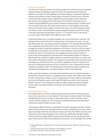 97McKinsey Global Institute	 The Internet of Things: Mapping the value beyond the hype
Connected navigation
The Internet of Things can enable more precise navigation for vehicles by using connections
between vehicles and between vehicles and other connected devices and objects (in
addition to connections to GPS satellites). Connected navigation can generate significant
savings across different modes of transportation and sectors of the economy. In Norway,
a connected ship navigation system called REX (route exchange) is used to speed the
flow of ships in the crowded Horten-Moss Strait in the Oslo Fjord. Using open-source
software including MARSSA (marine systems software architecture) and a “maritime cloud”
communication framework, REX reads onboard sensors on each freighter and provides
real-time information to their captains, to ferries in the area, and to a land-based sea traffic
coordination center.53
We estimate that raising average ship speeds using IoT technology
in this way could reduce transportation costs by 11 to 13 percent, which could have an
economic impact of $4.5 billion to $9.3 billion per year in 2025.
In personal vehicles (cars), connected navigation can not only save time for motorists—the
average American spends 30 to 60 minutes per day commuting by car to work—but can
also enable other time- and energy-saving IoT applications.54
For example, Mercedes-Benz
has an application that detects when a driver is heading home and can instruct a home
management system to adjust the temperature in the house. In the future, other car-based
IoT applications are possible, such as a link to a smart refrigerator that would tell the driver
what items to pick up on the way home, even suggesting a store to shop at, based on
location data (these applications obviously require interoperability between IoT systems).
We estimate that connected navigation systems in personal transportation can create value
of $1.4 billion to $2.8 billion per year. This is based on the assumption that consumers would
be willing to pay a $100 premium for a car with this capability and that 40 to 80 percent of
new cars in developing economies and 50 to 100 percent of cars in advanced economies
would be so equipped in 2025. This estimate does not include the impact of autonomous
vehicles that are equipped for connected navigation, which is sized elsewhere.
Finally, connected navigation in air travel has the potential to save 2 to 5 percent per year in
fuel and CO2 emissions in 2025, for a potential economic impact of $4.2 billion to $5.2 billion
per year. This would be achieved, in part, through adoption of new air traffic-control systems
such as the US NextGen system, which uses GPS rather than radar to track the precise
location of aircraft. That is expected to enable controllers to allow less distance between
aircraft, which could reduce delays by 38 percent, the Federal Aviation Administration
estimates.55
Tracking goods in transit
An average shipping container is utilized only about 20 percent of the time because there
are so many customers in so many locations. Tracking each container using IoT techniques
(installing devices on each container to relay location data and other information) could
improve container utilization by 10 to 25 percent, potentially reducing annual spending on
containers by nearly $13 billion per year in 2025.
In the package-delivery business, an estimated 0.5 percent of packages are lost in transit in
advanced economies and an estimated 3 percent are lost in developing economies. Using
tags on packages rather than scanning bar codes at each step of the delivery process could
reduce the number of lost packages by up to 30 percent. Additionally, damage to goods
in transit costs the package-delivery business about $5 billion per year. By placing certain
types of items (such as fresh food and electronic products) in “smart packages” that monitor
53
	 Krystyna Wojnarowicz, “Industrial Internet of Things in the maritime industry,” Black Duck Software, February
11, 2015.
54
	 American time use survey 2013, US Bureau of Labor Statistics, June 2014.
55
	 “Air traffic modernization,” Alliance for Aviation Across America.
 