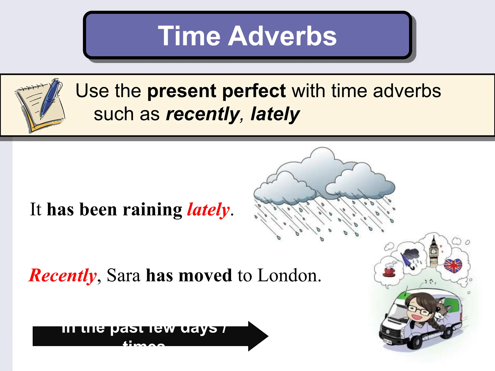 Time Adverbs
Use the present perfect with time adverbs
such as recently, lately
Recently, Sara has moved to London.
It has been raining lately.
In the past few days /
times
 