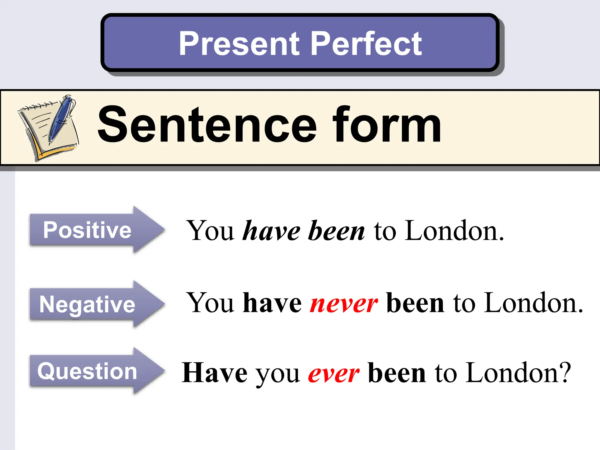Present Perfect
Sentence form
You have been to London.
Positive
Question
Negative
Have you been to London?
You haven’t been to London.
You have never been to London.
Have you ever been to London?
 