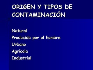 ORIGEN Y TIPOS DE CONTAMINACIÓN   Natural Producida por el hombre Urbano Agrícola  Industrial 