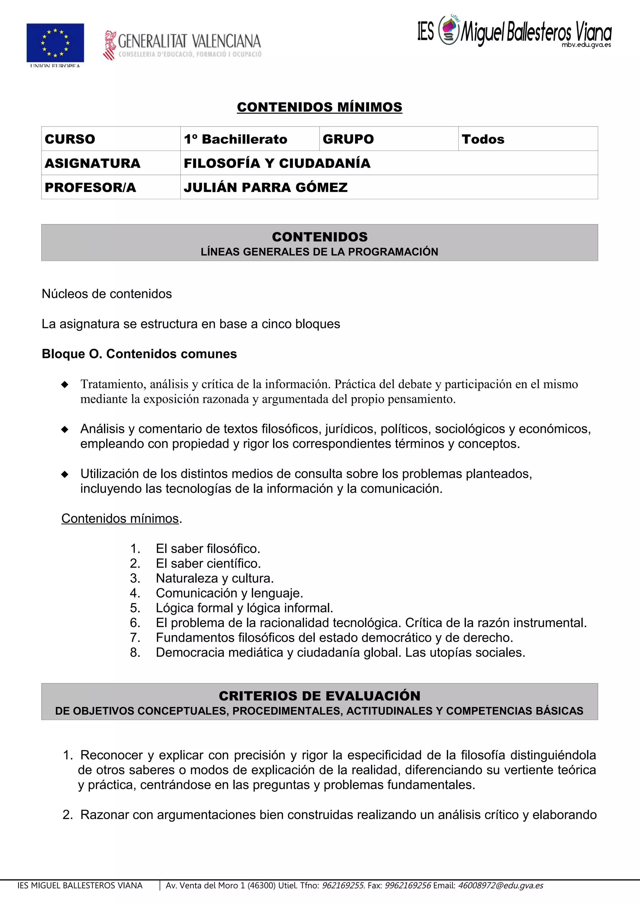 CONTENIDOS MÍNIMOS
CURSO 1º Bachillerato GRUPO Todos
ASIGNATURA FILOSOFÍA Y CIUDADANÍA
PROFESOR/A JULIÁN PARRA GÓMEZ
CONTENIDOS
LÍNEAS GENERALES DE LA PROGRAMACIÓN
Núcleos de contenidos
La asignatura se estructura en base a cinco bloques
Bloque O. Contenidos comunes
 Tratamiento, análisis y crítica de la información. Práctica del debate y participación en el mismo
mediante la exposición razonada y argumentada del propio pensamiento.
 Análisis y comentario de textos filosóficos, jurídicos, políticos, sociológicos y económicos,
empleando con propiedad y rigor los correspondientes términos y conceptos.
 Utilización de los distintos medios de consulta sobre los problemas planteados,
incluyendo las tecnologías de la información y la comunicación.
Contenidos mínimos.
1. El saber filosófico.
2. El saber científico.
3. Naturaleza y cultura.
4. Comunicación y lenguaje.
5. Lógica formal y lógica informal.
6. El problema de la racionalidad tecnológica. Crítica de la razón instrumental.
7. Fundamentos filosóficos del estado democrático y de derecho.
8. Democracia mediática y ciudadanía global. Las utopías sociales.
CRITERIOS DE EVALUACIÓN
DE OBJETIVOS CONCEPTUALES, PROCEDIMENTALES, ACTITUDINALES Y COMPETENCIAS BÁSICAS
1. Reconocer y explicar con precisión y rigor la especificidad de la filosofía distinguiéndola
de otros saberes o modos de explicación de la realidad, diferenciando su vertiente teórica
y práctica, centrándose en las preguntas y problemas fundamentales.
2. Razonar con argumentaciones bien construidas realizando un análisis crítico y elaborando
IES MIGUEL BALLESTEROS VIANA Av. Venta del Moro 1 (46300) Utiel. Tfno: 962169255. Fax: 9962169256 Email: 46008972@edu.gva.es
 