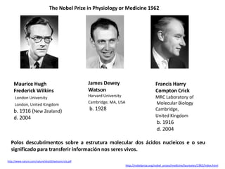 The Nobel Prize in Physiology or Medicine 1962




    Maurice Hugh                                     James Dewey                                Francis Harry
    Frederick Wilkins                                Watson                                     Compton Crick
     London University                               Harvard University                         MRC Laboratory of
                                                     Cambridge, MA, USA                         Molecular Biology
     London, United Kingdom
    b. 1916 (New Zealand)                            b. 1928                                    Cambridge,
    d. 2004                                                                                     United Kingdom
                                                                                                 b. 1916
                                                                                                 d. 2004

  Polos descubrimentos sobre concerning the molecular structure of nucleic e o seu
           "for their discoveries a estrutura molecular dos ácidos nucleicos
  significado para transferir información nos seres vivos. in living material"
           acids and its significance for information transfer

http://www.nature.com/nature/dna50/watsoncrick.pdf
                                                                          http://nobelprize.org/nobel_prizes/medicine/laureates/1962/index.html
 