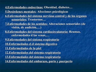 4.Enfermedades endocrinas:  Obesidad, diabetes… 5.Desórdenes mentales:  Afecciones psicológicas 6.Enfermedades del sistema nervioso central y de los órganos sensoriales:  Trastornos… 7.Enfermedades de los sentidos:  Alteraciones sensoriales (de visión, de audición,…) 8.Enfermedades del sistema cardiocirculatorio:  Reumas, enfermedades d las venas,… 9.Enfermedades del sistema respiratorio 10.Enfermedades d el sistema digestivo 11.Enfermedades de la piel   12.Enfermedades del sistema respiratorio 13.Enfermedades del sistema respiratorio 14.Enfermedades del embarazo, parto y puerperio   