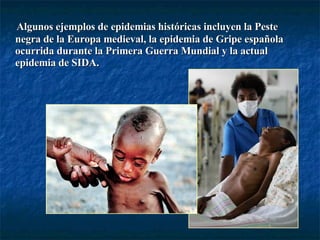 Algunos ejemplos de epidemias históricas incluyen la Peste negra de la Europa medieval, la epidemia de Gripe española ocurrida durante la Primera Guerra Mundial y la actual epidemia de SIDA. 