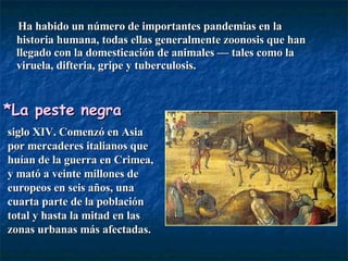 Ha habido un número de importantes pandemias en la historia humana, todas ellas generalmente zoonosis que han llegado con la domesticación de animales — tales como la viruela, difteria, gripe y tuberculosis.  *La peste negra   siglo XIV. Comenzó en Asia por mercaderes italianos que huían de la guerra en Crimea, y mató a veinte millones de europeos en seis años, una cuarta parte de la población total y hasta la mitad en las zonas urbanas más afectadas. 