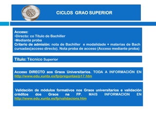 Módulos de formación en centros de traballo (FCT)F.P.ETítulos Polivalentes e especializados Títulos LOE: Obtención Certificado de Profesionalidade e Técnico Básico PrevenciónModalidades: ordinaria, modular (horario tarde noite, matrícula por módulos) e a distancia (telemática e con titorías).  SOLICITUDE  INSCRIPCIÓN e MATRÍCULA 2 PASOS:1º inscripción e despoismatrícula/renuncia. 2 PRAZOS: xuño/setembro