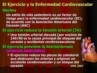 El Ejercicio y la Enfermedad Cardiovascular Hechos Un estilo de vida sedentario es un factor de riesgo para la enfermedad cardiovascular (EC), de acuerdo con la Asociación Americana del Corazón (AAC) El ejercicio reduce la tensión arterial (TA) Una tensión arterial elevada (por encima de 140/90 es la causa principal de ataques del corazón y accidentes cerebrovasculares El ejercicio previene la Aterosclerosis  (arterias obstruidas) El ejercicio reduce las placas de colesterol que obstruyen las arterias y originan un accidente cerebrovascular y un ataque del corazón OMS 2002 