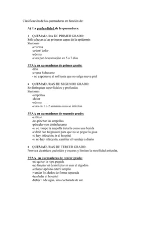 Clasificación de las quemaduras en función de:

   A) La profundidad de la quemadura:

   • QUEMADURA DE PRIMER GRADO:
   Sólo afectan a las primeras capas de la epidermis
   Síntomas:
      -eritema
      -ardor/ dolor
      -edema
      -cura por descamación en 5 a 7 días

   PPAA en quemaduras de primer grado:
     -frío
     -crema hidratante
     - no exponerse al sol hasta que no salga nueva piel

   • QUEMADURAS DE SEGUNDO GRADO:
   Se distinguen superficiales y profundas
   Síntomas:
      -ampollas
      -dolor
      -edema
      -cura en 1 o 2 semanas sino se infectan

   PPAA en quemaduras de segundo grado:
     -enfriar
     -no pinchar las ampollas
     -pincelar con desinfectante
     -si se rompe la ampolla tratarla como una herida
     -cubrir con tulgrasum para que no se pegue la gasa
     -si hay infección, ir al hospital
     -si no hay infección, cambiar el vendaje a diario

   • QUEMADURAS DE TERCER GRADO:
   Provoca cicatrices queloides y escaras y limitan la movilidad articular.

   PPAA en quemaduras de tercer grado:
     -no quitar la ropa pegada
     -no limpiar ni desinfectar ni usar el algodón
     -colocar apósito estéril amplio
     -vendar los dedos de forma separada
     -trasladar al hospital
     -beber 1l de agua, una cucharada de sal.
 