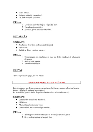 • Dolor intenso
   • Piel con vesículas (ampollitas)
   •   GRAVE: vómitos y diarreas.

P.P.A.A.
           1. Lavar con suero fisiológico o agua del mar.
           2. Pomada antihistamínica
           3. En casos graves traslado al hospital.


PEZ ARAÑA

SÍNTOMAS:
   • Pinchazo o dolor (tres en forma de triángulo)
   • Hinchazón
   • Debido al dolor: vómitos, mareo…

P.P.A.A.
           1. Con una aguja nos pinchamos en cada una de las picadas, y de allí, saldrá
              el veneno.
           2. Aplicar hielo o calor.
           3. Pomada histamínica.


ERIZOS

-Saca las púas con agujas, no con pinzas.


                    MORDEDURAS DE CANINOS Y FÉLIDOS

Las mordeduras son desgarramientos, y por tanto, heridas graves con peligro de la rabia
(aparece 40 días después de la mordedura)
La hidrofobia (aparece 8 días después de la mordedura: si es en la cabeza)

SÍNTOMAS:
   • Contracturas musculares dolorosas.
   • Hidrofobia
   • Alteración del sistema nervioso.
   • Convulsiones por todo el cuerpo: muerte.

P.P.A.A.
           1. Herida grave: tratamiento como el de cualquier herida grave.
           2. Si es posible capturar al animal vivo.
 