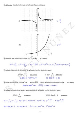 - 3 -
5 (0,8 puntos) Escribe la fórmula de la función f cuya gráfica es:
a) -25 -20 -15 -10 -5 5 10 15 20 25
-25
-20
-15
-10
-5
5
10
15
20
25
X
Y
25
y
x

b)
-2 -1 1 2
1
2
3
4
5
6
7
8
9
X
Y
y = 3
x
6 Resuelve la ecuación logarítmica 5
2
1
log
8
= 2x – 1 (0,5 puntos)

2x 1 5 1
2
8
; 
2x 1 5
3
1
2
2
;  

52x 1 3
2 2 ;



3
2x 1 52 2 ;

 
3
2x 1
5
; 5(2x – 1) = –3 ; 
1
x
5
7 Calcula el dominio de definición de la función f en los siguientes casos:
a) f(x) =
x
x 1
(0,5 puntos) b) f(x) =
1
2x 3
(0,3 puntos)
a) D(f) = (– ∞,0] U (1, ∞) b) D(f) = R – { – 3 }
8 Dadas las funciones f(x) = x
2
– 4 g(x) = x 1 , calcula la función compuesta (f o g)(x) (0,5 puntos)
f[g(x)] = [g(x)]
2
– 4 =   
2
x 1 4 = x + 1 – 4 = x – 3
9 Calcula la función inversa para la composición de la función f en los siguientes casos:
a) f(x) =
1
x 2
(0,5 puntos) b) f(x) = log3
(x – 1) (0,5 puntos)
a) 

1
y
x 2
; 

1
x
y 2
; x(y + 2) = 1 ; xy + 2x = 1 ; xy = 1 – 2x ;


1 2x
y
x
;  
1 1 2x
f (x)
x
b) y = log3
(x – 1) ; x = log3
(y – 1) ; 3
x
= y – 1 ; y = 3
x
+ 1 ; f
–1
(x) = 3
x
+ 1
 