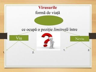 Virusurile
formă de viață
ce ocupă o poziție limitrofă între
Viu Neviu
1. 2.
1. 2.
 