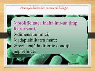 prolificitatea înaltă într-un timp
foarte scurt;
dimensiuni mici;
adaptabilitatea mare;
rezistență la diferite condiții
neprielnice.
Avantajele bacteriilor, ca material biologic
 