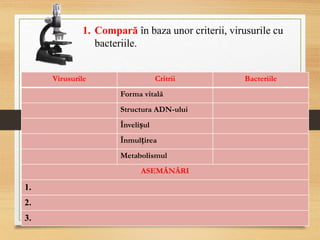 Virusurile Critrii Bacteriile
Forma vitală
Structura ADN-ului
Învelișul
Înmulțirea
Metabolismul
ASEMĂNĂRI
1.
2.
3.
1. Compară în baza unor criterii, virusurile cu
bacteriile.
 