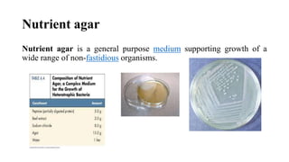 Nutrient agar
Nutrient agar is a general purpose medium supporting growth of a
wide range of non-fastidious organisms.