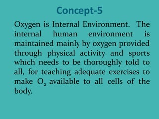 Concept-5
Oxygen is Internal Environment. The
internal human environment is
maintained mainly by oxygen provided
through physical activity and sports
which needs to be thoroughly told to
all, for teaching adequate exercises to
make O2 available to all cells of the
body.
 