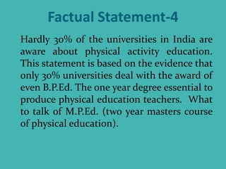 Factual Statement-4
Hardly 30% of the universities in India are
aware about physical activity education.
This statement is based on the evidence that
only 30% universities deal with the award of
even B.P.Ed. The one year degree essential to
produce physical education teachers. What
to talk of M.P.Ed. (two year masters course
of physical education).
 