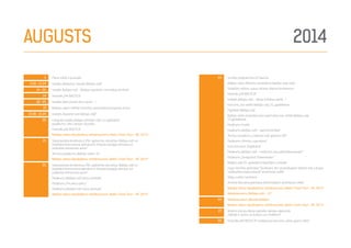 3. Piena svētki Lucavsalā
4.08.–13.09. Izstāde„Madonas novads Baltijas ceļā”
14.–26. Izstāde„Baltijas ceļš – Baltijas republiku vienotības simbols”
14. Festivāls„VIA BALTICA”
18.–25. Izstāde„Man pieder tēvu zeme…”
19. Baltijas ceļam veltītās monētas prezentācija (augusta vidus)
19.08.–15.09. Izstāde„Atpazīsti sevi Baltijas ceļā”
20. Ceļojošā izstāde„Baltijas brīvības ceļš”un izglītojošo
pasākumu cikls Latvijas novados
Festivāls„VIA BALTICA”
Baltijas valstu daudzdienu velobrauciens„Baltic Chain Tour – BC 2014”
21. Starptautiska konference„Pēc gadsimta ceturkšņa. Baltijas ceļš un
totalitārā komunisma sabrukums: Eiropas kopīgās atmiņas un
politiskās iedvesmas avots”
Atmiņu pasākums„Baltijas ceļam 25”
Baltijas valstu daudzdienu velobrauciens„Baltic Chain Tour – BC 2014”
22. Starptautiska konference„Pēc gadsimta ceturkšņa. Baltijas ceļš un
totalitārā komunisma sabrukums: Eiropas kopīgās atmiņas un
politiskās iedvesmas avots”
Pasākums„Baltijas ceļš mūsu atmiņās”
Pasākums„Pie pleca plecs”
Pasākums„Baltijas ceļš mūsu atmiņās”
Baltijas valstu daudzdienu velobrauciens„Baltic Chain Tour – BC 2014”
AUGUSTS 2014
23. Svinību programma LR Saeimā
Baltijas valstu Ministru prezidentu Baltijas ceļa stāsti
Totalitāro režīmu upuru atceres dienas konference
Festivāls„VIA BALTICA”
Izstāde„Baltijas ceļš – akcija brīvības vārdā…”
Koncerts, kas veltīts Baltijas ceļa 25. gadadienai
Digitālais Baltijas ceļš
Baltijas valstu kopizdevuma pastmarka, kas veltīta Baltijas ceļa
25.gadadienai
Pasākums Durbē
Pasākums„Baltijas ceļš – gaisma brīvībai”
Atmiņu pasākums„Gaismas ceļi, gaismas tilti”
Pasākums„Atmiņu ugunskurs”
Koru koncerts Zilajākalnā
Pasākums„Baltijas ceļš – notikums, kas pārsteidza pasauli”
Pasākums„Sirdspuksti Šlokenbekai”
Baltijas ceļa 25. gadadiena Naukšēnu novadā
Ingas Zemītes grāmatas“Saulkrasti. No vissenākajiem laikiem līdz Latvijas
neatkarības atjaunošanai”atvēršanas svētki
Nēģu svētki Carnikavā
Antona Rancāna grāmatas„Krievināšana”atvēršanas svētki
Baltijas valstu daudzdienu velobrauciens„Baltic Chain Tour – BC 2014”
Velobrauciens„Baltijas ceļš – 25”
24. Velobrauciens„Vienoti Baltijai”
Baltijas valstu daudzdienu velobrauciens„Baltic Chain Tour – BC 2014”
27. Atvērto durvju diena Latviešu valodas aģentūrā
„Valoda ir durvis uz kultūru un cilvēkiem”
30. Festivāla„VIA BALTICA”noslēguma koncerts„Senā uguns nakts”
 