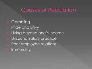 a) Gambling
b) Pride and Envy
c) Living beyond one’s income
d) Unsound Salary practice
e) Poor employee relations
f) Immorality
 