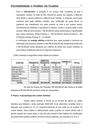 Contabilidade e Análise de Custos                                                                    17


      -   Para a mão-de-obra, a situação é um pouco mais complexa, já que é
          necessário verificar do total de R$ 120.000,00 quanto diz respeito à Mão-de-
          obra Direta e quanto pertence a Mão-de-obra Indireta. A empresa, para poder
          conhecer bem esse detalhe, mantém uma verificação de quais foram os
          operários que trabalharam em cada produto no mês e por quanto tempo.
          Conhecidos tais detalhes e calculados os valores, conclui o quanto cabe a cada
          produto: Mão-de-obra Indireta – R$ 30.000,00 (serão adicionados a classificação
          dos custos indiretos), Direta Produto A – R$ 22.000,00, Direta Produto B – R$
          47.000,00 e Direta Produto C – 21.000,00.
      -   A verificação da energia elétrica evidencia que, após anotado o consumo na
          fabricação dos produtos durante o mês R$ 45.000,00 são diretamente atribuíveis
          e R$ 40.000,00 serão alocáveis por critérios de rateio dos custos indiretos, já
          que existem medidores apenas em algumas máquinas.

      Então, teremos os seguintes custos diretos por produto:

                                    DIRETOS
                                                          INDIRETO
          CUSTOS         PRODUTO PRODUTO PRODUTO                      TOTAL
                                                              S
                             A          B          C
    Matéria-prima         75.000,00 135.000,00 140.000,00          0 350.000,00
    Mão-de-obra           22.000,00  47.000,00  21.000,00 30.000,00 120.000,00
    Energia Elétrica      18.000,00 20.000,000   7.000,00 40.000,00 85.000,00
    Depreciação                   0          0          0 60.000,00 60.000,00
    Seguros                       0          0          0 10.000,00 10.000,00
    Materiais Diversos            0          0          0 15.000,00 15.000,00
    Manutenção                    0          0          0 70.000,00 70.000,00
          TOTAL          115.000,00 202.000,00 168.000,00 225.000,00 710.000,00

                   Do total de Custos de Produção, R$ 485.000,00 são diretos e já estão
alocados e R$ 225.000,00 precisam ainda ser apropriados.

3º Passo: A apropriação dos custos indiretos

                   Vamos agora analisar a forma ou as formas de alocar os custos
indiretos que totalizam, neste exemplo, $225.000. Uma alternativa simplista seria a
alocação aos produtos A, B e C proporcionalmente ao que cada um já recebeu de
custos diretos. Esse critério é relativamente usado quando os custos diretos são a
grande porção dos custos totais, e não há outra maneira mais objetiva de visualização
de quanto dos indiretos poderia, de forma menos arbitrária, ser colocado a A, B e C.


.                                             1bapostilacontabcustos2008-100801184317-phpapp01.doc
 