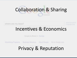 Collaboration & Sharing Incentives & Economics Privacy & Reputation From Data to Devices What has changed really? … everything really ! Real World / Real Time Data Noisy, heterogeneous, transient Real World APIs The Human API? The Environment API? Mobile, Always-on Apps Personalized, Proactive, Interactive Sensor Devices Bridging the physical-digital divide. Devices Apps APIs Data Future Internet 