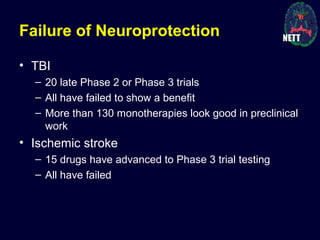 Failure of Neuroprotection
• TBI
– 20 late Phase 2 or Phase 3 trials
– All have failed to show a benefit
– More than 130 monotherapies look good in preclinical
work
• Ischemic stroke
– 15 drugs have advanced to Phase 3 trial testing
– All have failed
 